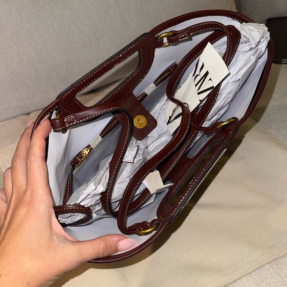 NWT Zara Topstitched Shopper Bag Tote Shoulder Brown Burgundy Red New Rare - Picture 8 of 8
